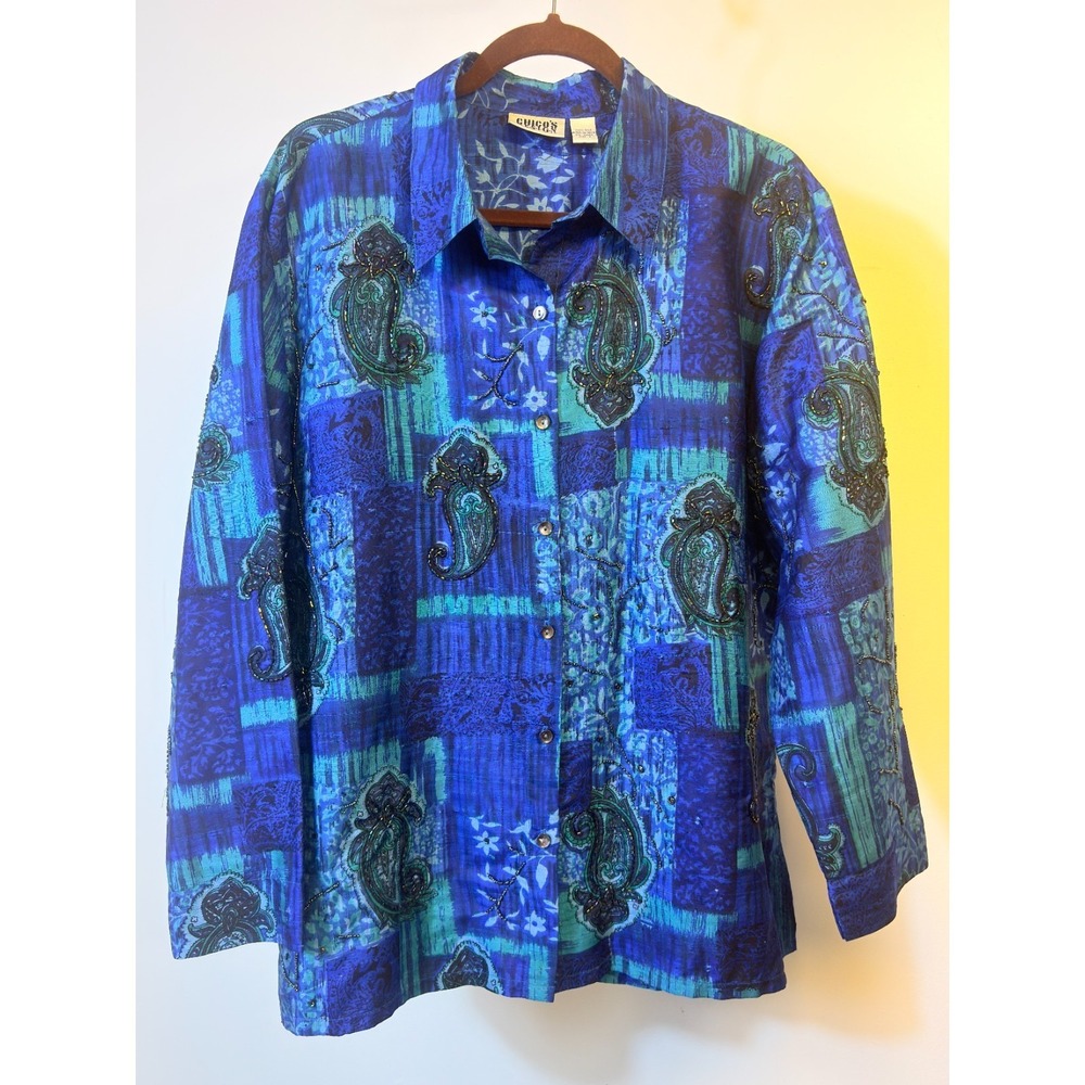 Chicos Design 100% Silk Button Up Shirt sz 3 Blue Beaded Floral Paisley Boho